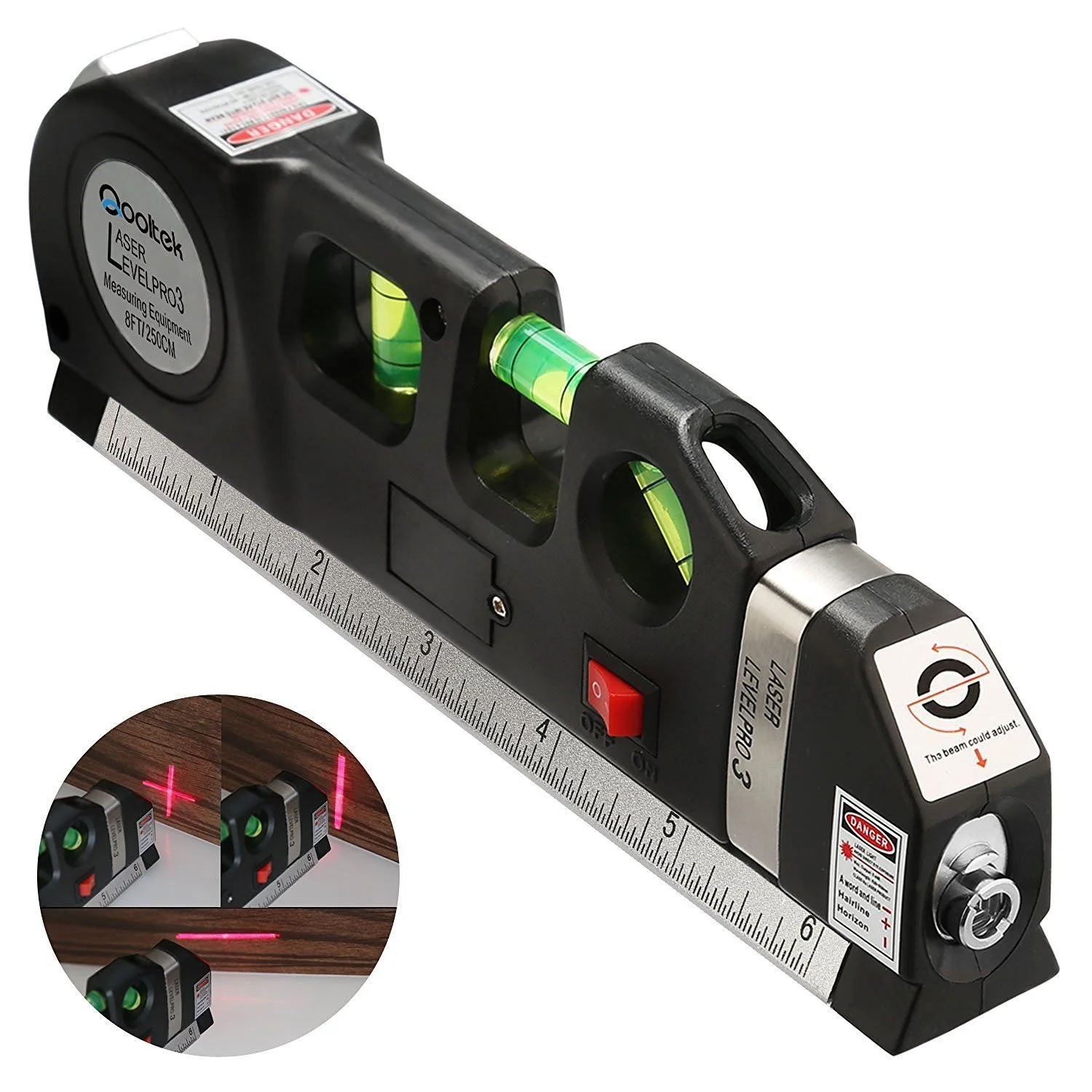 

Laser Level Horizon Vertical Measure Aligner Bubbles 8FT Aligner Standard Metric Rulers Multipurpose Measure Leveler Black Tape