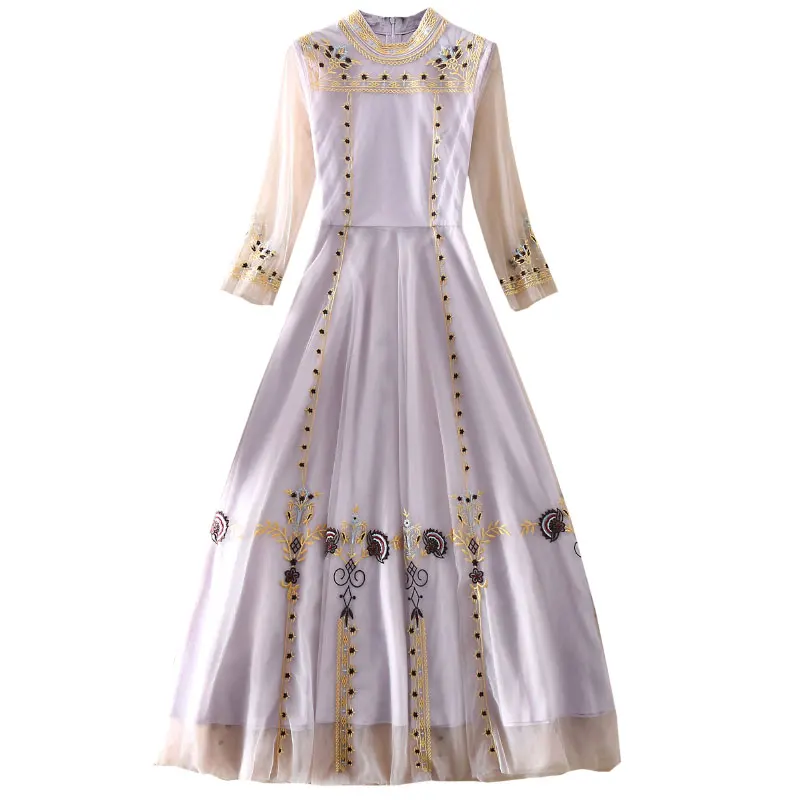 

AELESEEN High Quality Flower Embroidery Dress Runway Fashion 3/4 Sleeve Mesh purple Elegant Long Designer Dress Vestidos