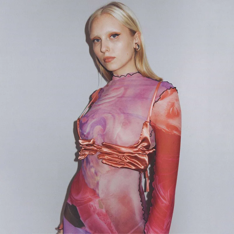 MONMOIRA с осенним принтом узкие Для женщин Сетчатое платье миди пикантные 2 шт.