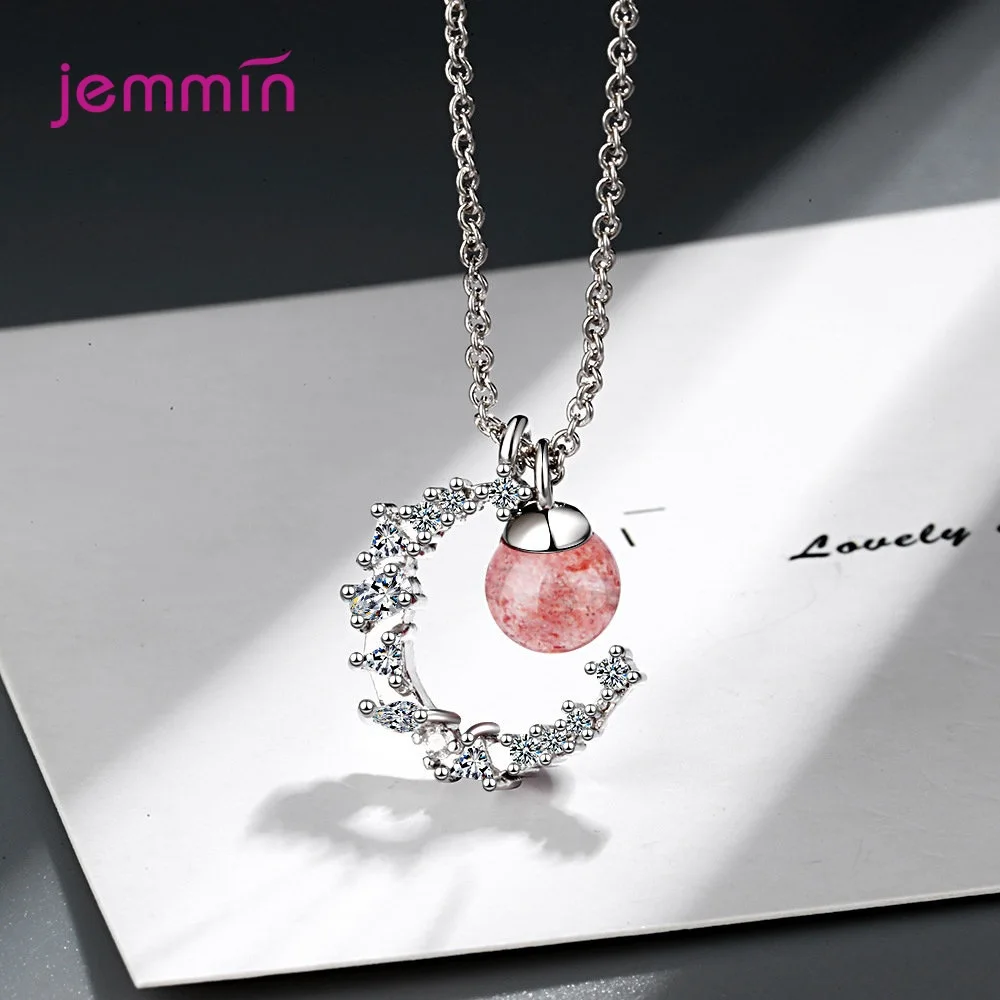 Korean Fashion Jewelry Genuine 925 Sterling Silver Moon Shape Charm Necklace For Women Super Nice Sparkling Crystal | Украшения и
