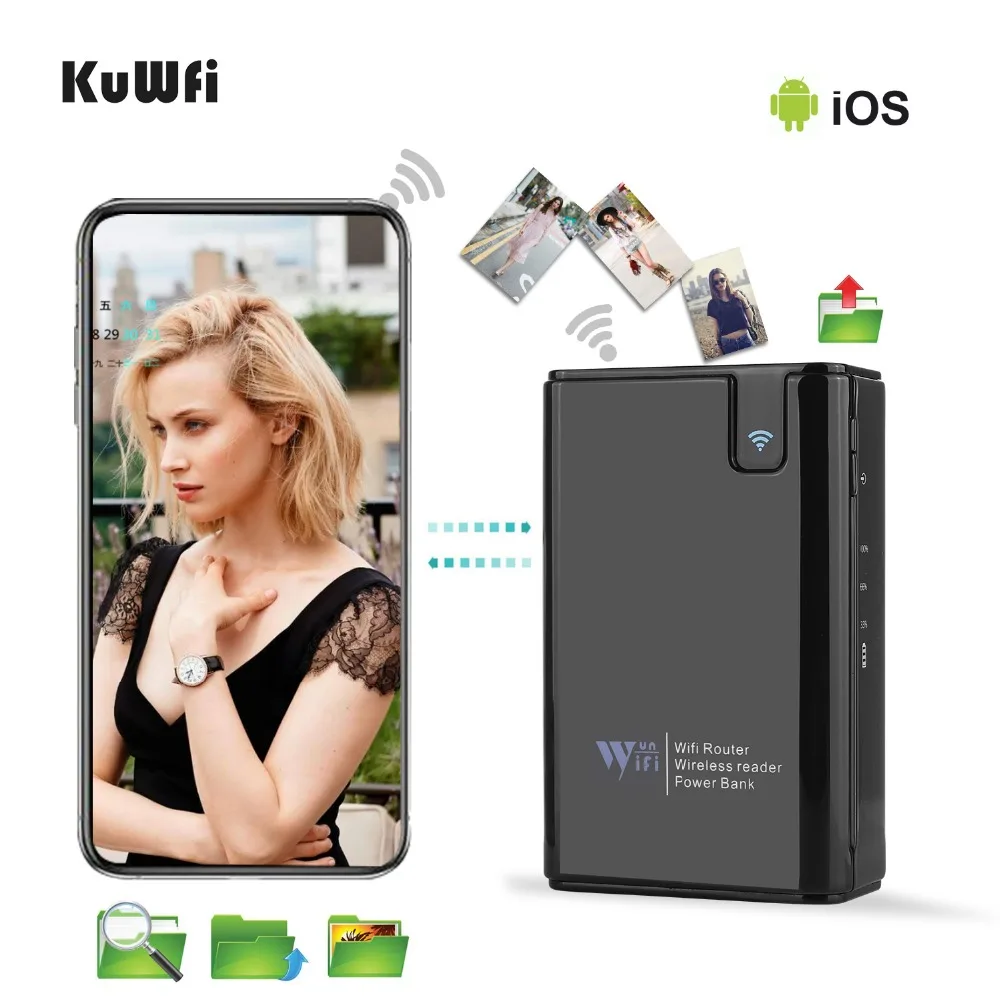 KuWFi беспроводной считыватель карт SD/TF/CF 300 Мбит/с беспроводной маршрутизатор и повторитель Внешний Аккумулятор 6000 мАч RJ45 для IOS Android