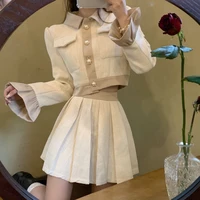 autumn new french vintage two piece set women crop top short jacket coat pleated skirts sets high street fashion 2 piece suits