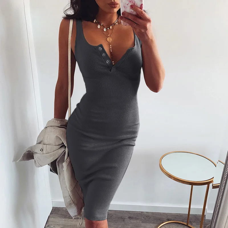 

Ladies Basic Vest Dress Women Back Split Casual Dress 2021 Summer Sexy Bodycon Sleeveless Vest Tanks Slim Strap Party Dresses