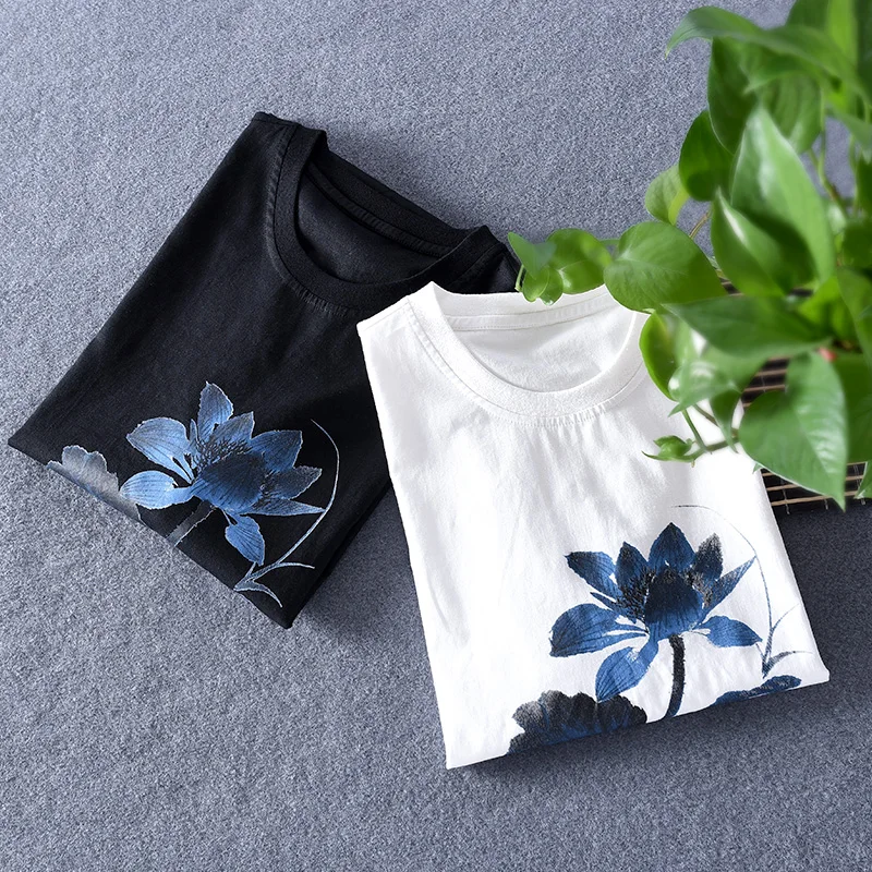 Мужская Повседневная футболка с принтом белая льняная круглым вырезом лето