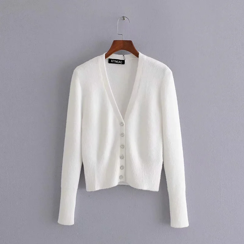 Xitimeao  New Women White Mohair Button Solid Knitted Cardigan Sweater Slim Fit V-Neck Long Sleeve Ladies Fashion Autumn