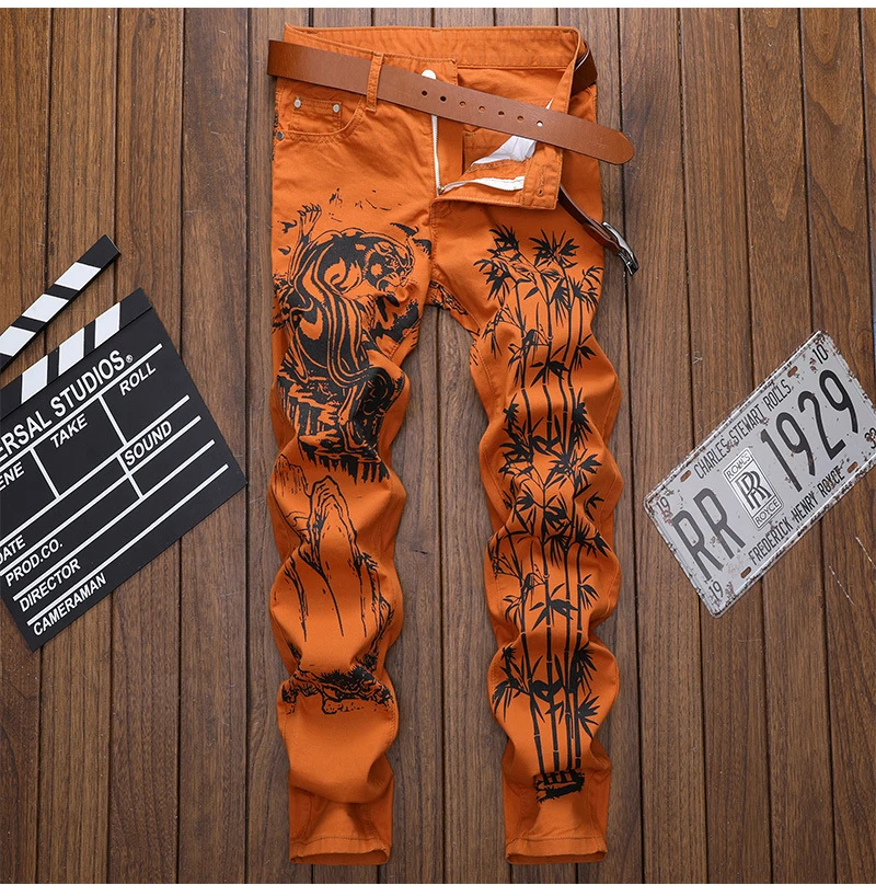 2021 New Men's Pants Fashion Chinese Ink Wash Painting Printed Jeans Tiger Slim Fit Stretch Denim Trousers 30-38