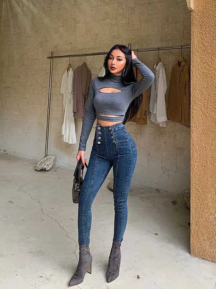 Женские джинсы с высокой талией двубортные эластичные облегающие укороченные