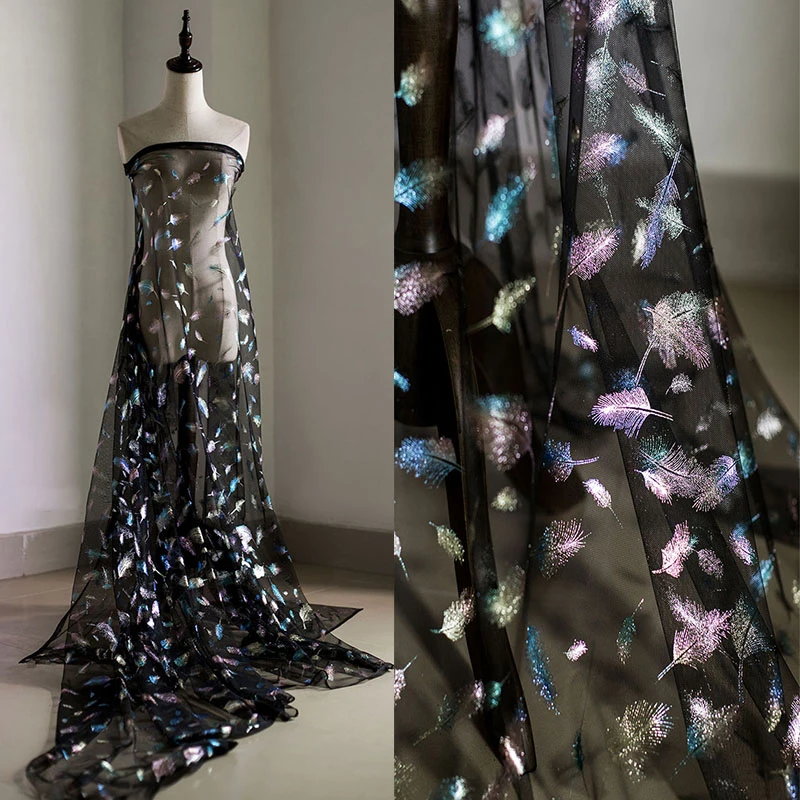 

Mesh Fabric Tulle Lace For Dressmaking Needlework Curtains DIY Handmade Crafts Feather Printing Gradient Design 150cm Wide 2021