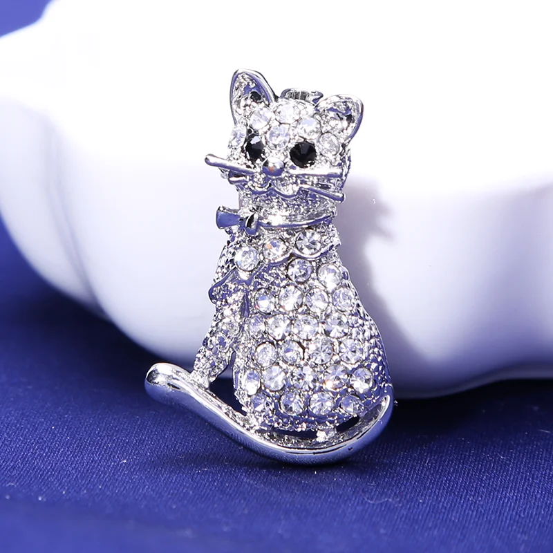 226 Silver Милая брошь в виде кошки, вечерние, металлический бант, Зеленый Кристалл, эмаль, булавка, черное животное, брошь для женщин, ювелирное изделие, аксессуары - Окраска металла: 226 Silver