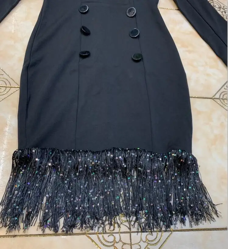 

Women Winter Sexy Long Sleeve V Neck Tassel Black Mini Blazer Dress 2020 Designer Evening Catwalk Runway Party Dress Vestido