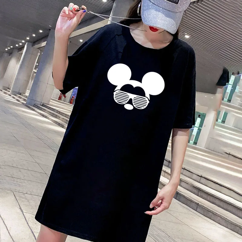 

2021 Women Dress Plus Size Cartoon Mini Dresses Harajuku Short Sleeve Minnie Mickey Print Casual Loose Party Femme Streetwear