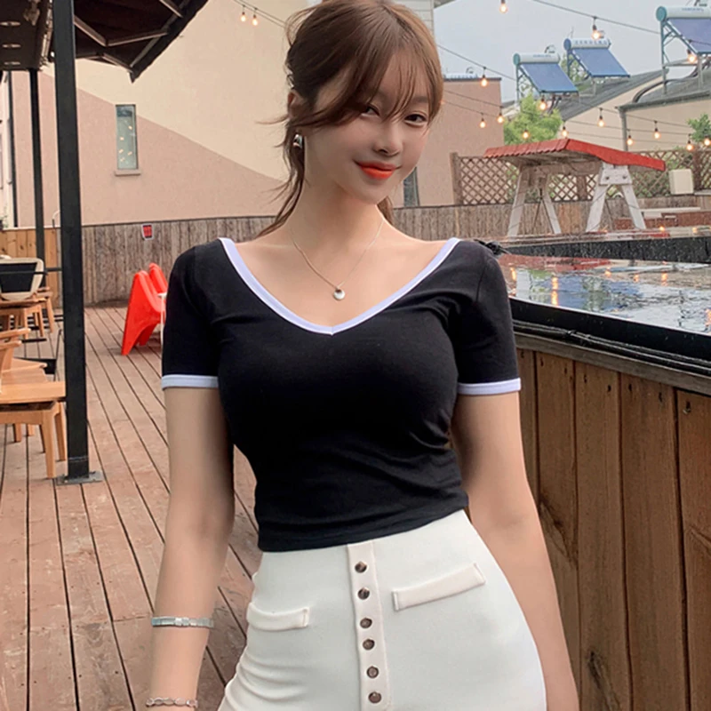 

Best Sell Harajuku Sexy V Neck Backless Women's T-shirt Sexy Black Short Sleeve Crop Top Women's Shirt Tee Tops Ropa Mujer 2022