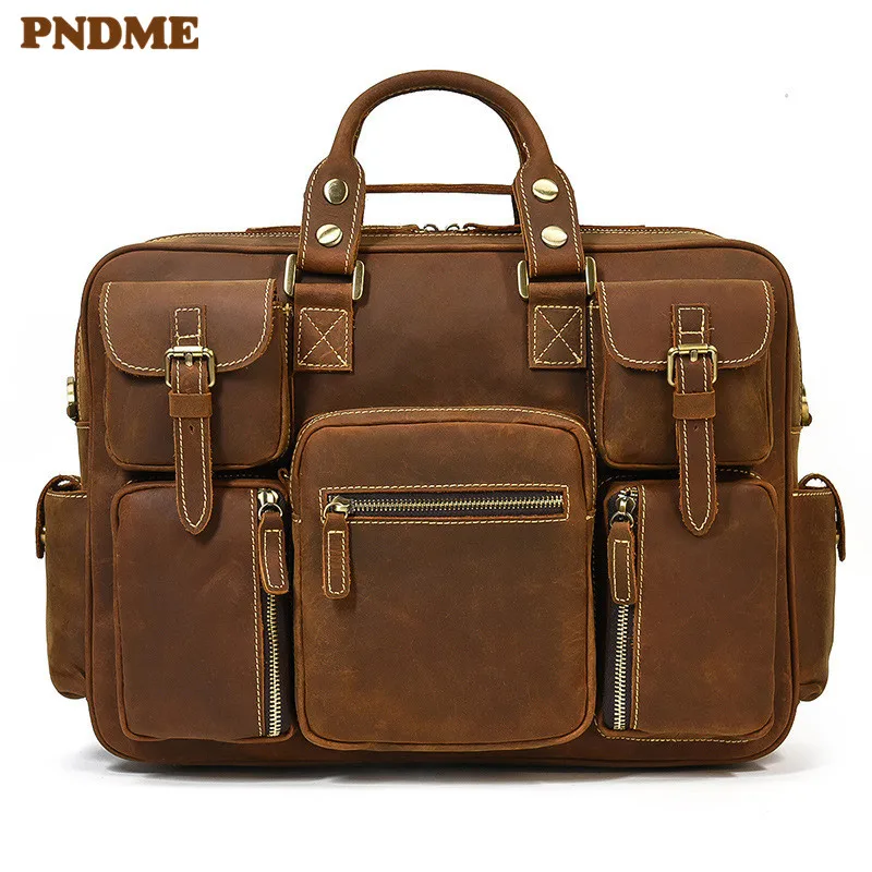 Vintage crazy horse cowhide men's briefcase business travel genuine leather handbag multi-pocket laptop shoulder messenger bag