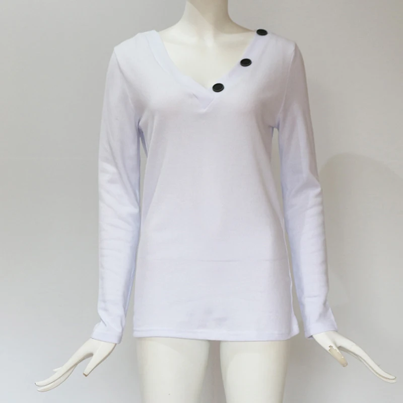 

2019 New Fashion Spring Autumn Women Solid T Shirt Deep V Neck Button Long Sleeve Tops Female Casual Slim Tees Tops