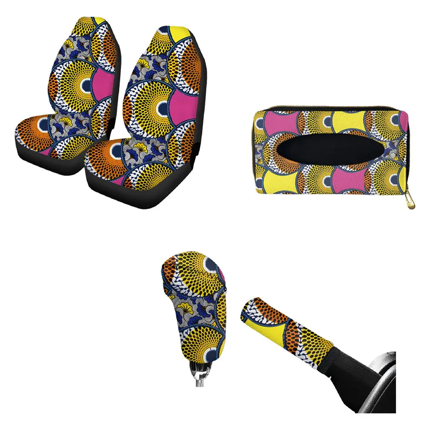 

Car Seat Protector Cover For Most Auto African Printed PU Leather Car Tissue Box Non Slip Handbrake Cover Car Interior Set