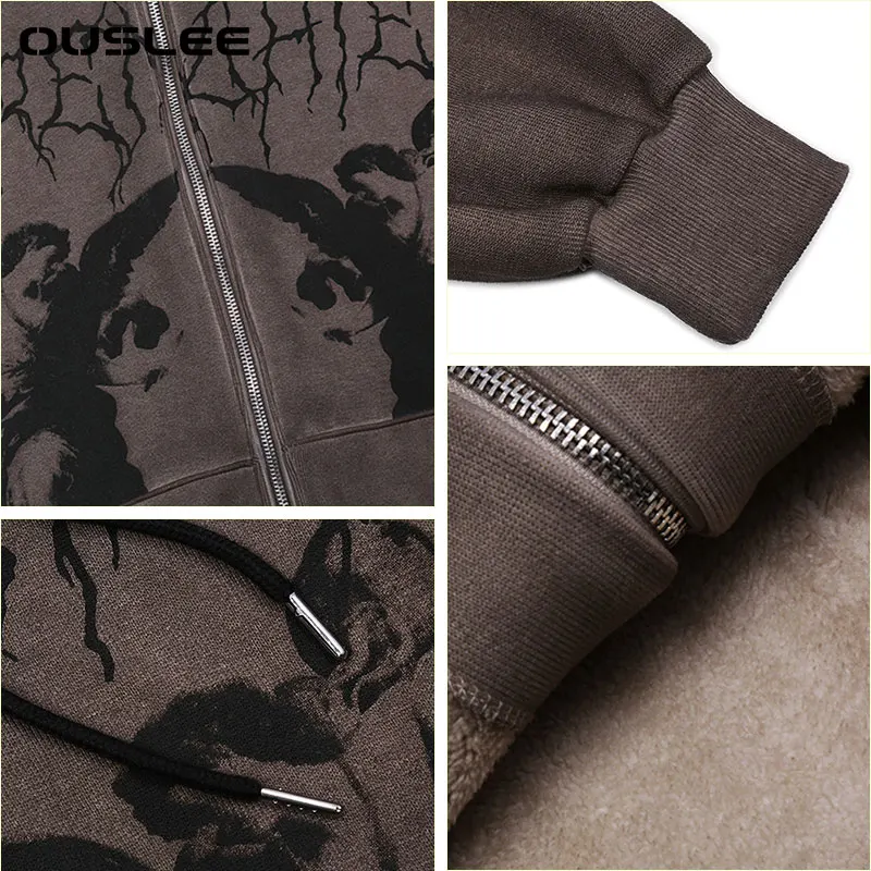 OUSLEE Autumn Women Hip Hop Streetwear Hooded Jacket Angel Dark Print Jacket Outwear Zipper Grunge Y2K Aesthetic Streetwear