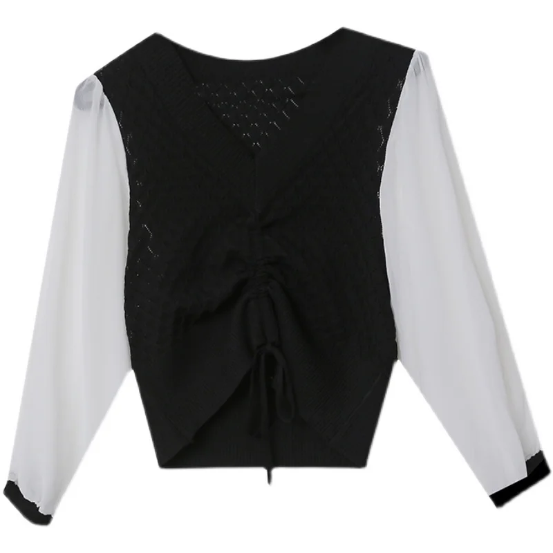 

Fashion women's t-shirt 2021 spring new chiffon stitching knitted V-neck loose long-sleeved sunscreen thin top