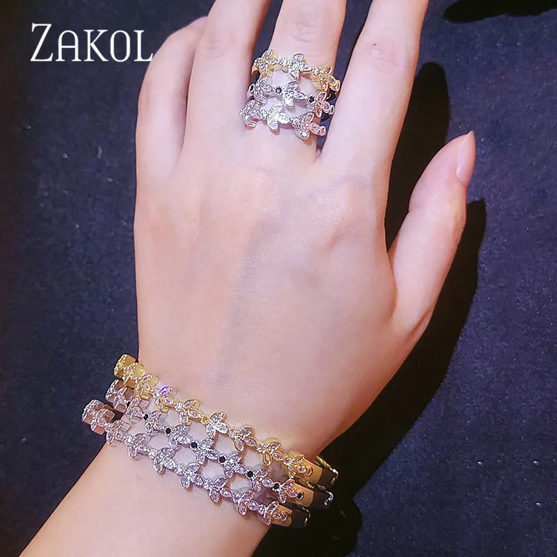 ZAKOL новый элегантный кубический цирконий цветок рыбья кость Свадебные ювелирные