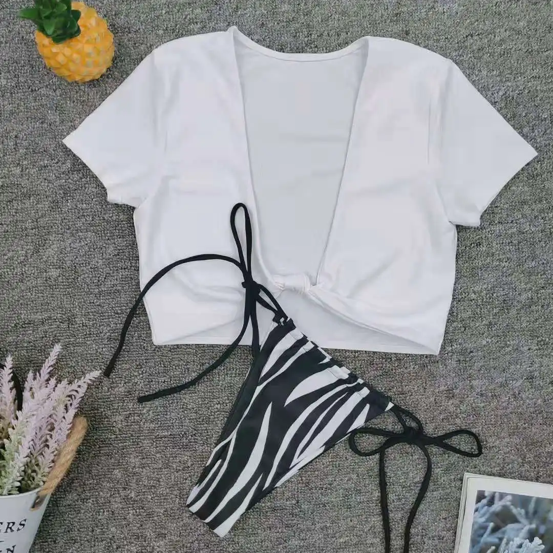 Купальник-бикини с чашками пуш-ап и принтом зебры 3 предмета | Женская одежда