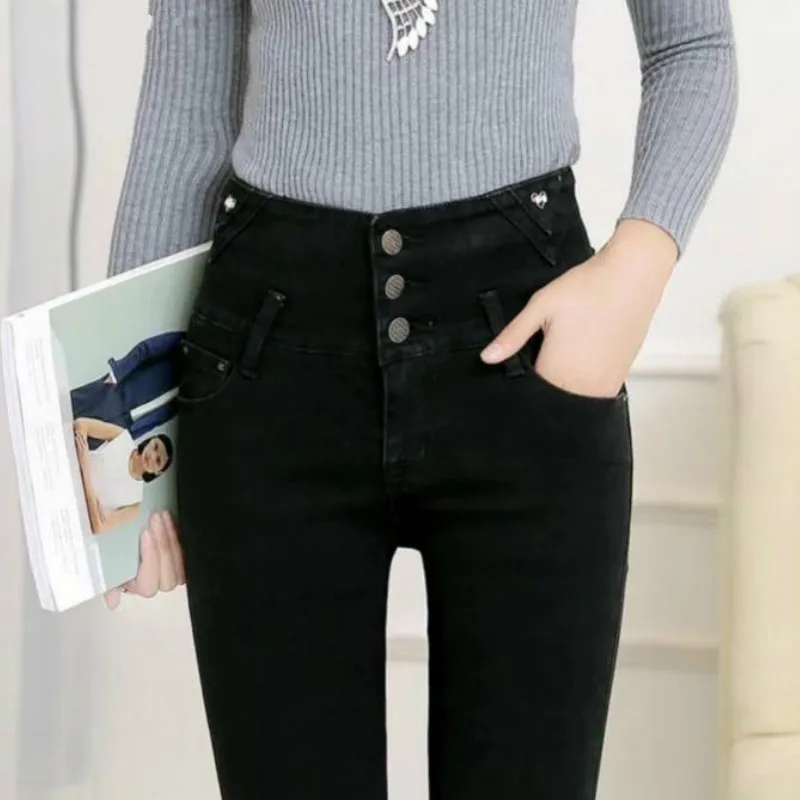 

2020 Winter Thick Warm Fleece Woman Denim Pants High Elastic Waist Slim Jeans for Women Autumn Spring Pencil Pant Female