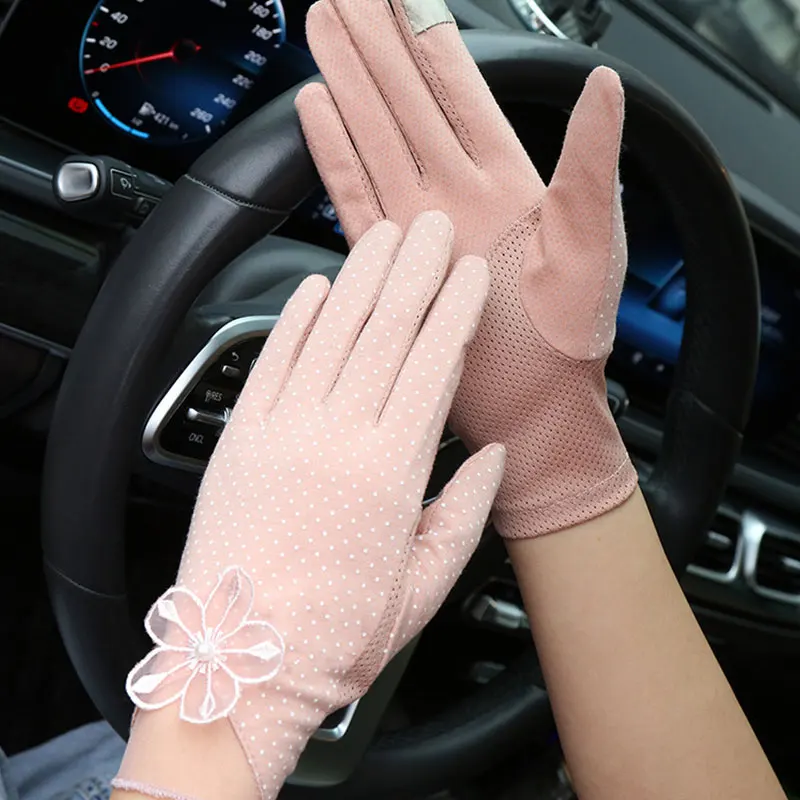 

Women Summer Dot Lace Flower Sunscreen Gloves Anti-Slip Breathable Driving Gloves Touch Screen Thin Anti-UV Full Finger Mittens