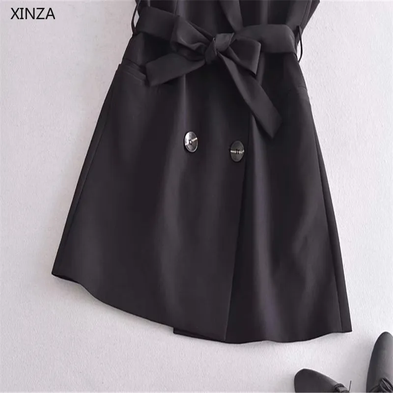 

2021 Za Belted Double Breasted Blouse Women Sleeveless Lapel Black Office Lady Top Front Welt Pockets Woman Casual Blouses