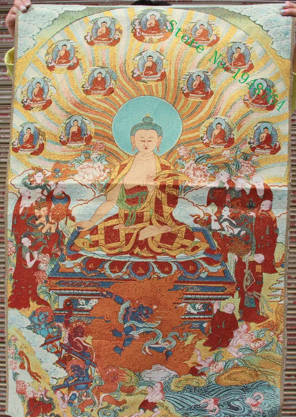 

36 inch Tibet Silk embroidery Shakyamuni Buddha Thangka Paintings Mural-684