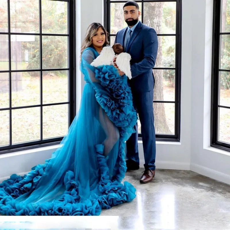 

Hunter Green Women Dresses For Photo Shoot Tulle Bridal Fluffy Tulle Maternity Robe Long Sleeves Robe Gowns Outfits Tulle Robe