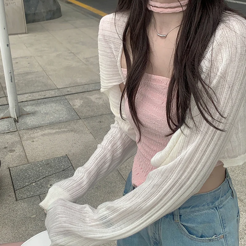 Кардиганы женские укороченные солнцезащитные на шнуровке однотонные тонкие