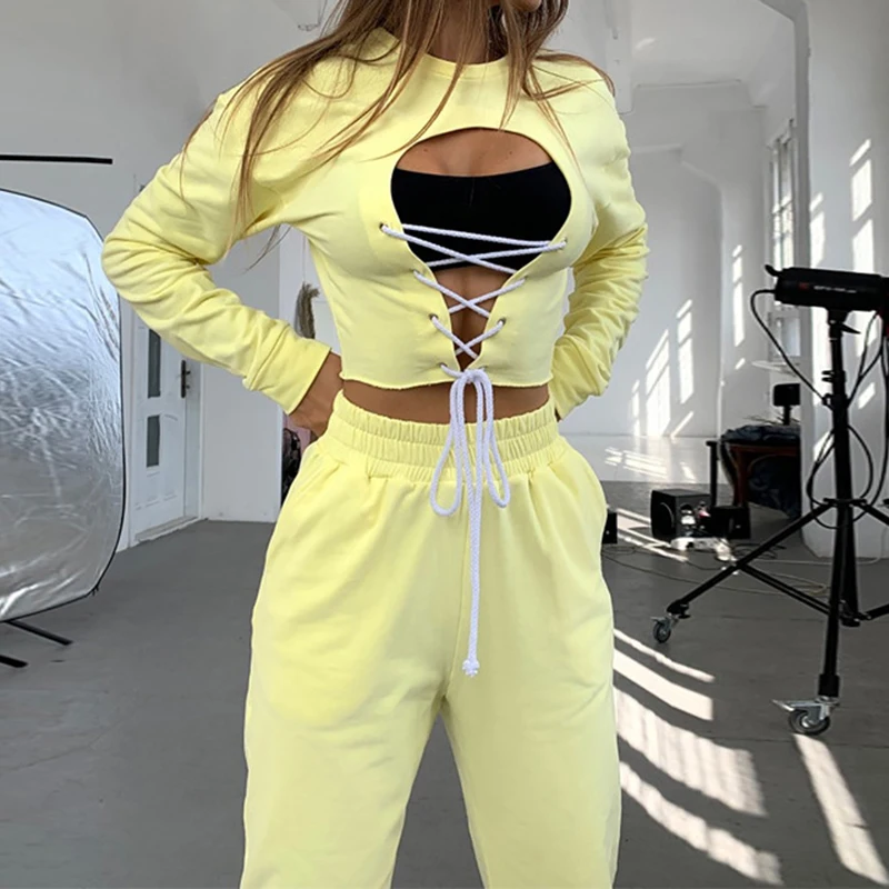 

OMSJ Women Autumn Winter Hollow Out Lace Up Long Sleeve Crop Top+Sweatpants Streetwear Loungewear Tracksuits Outfit 2020 Clothes