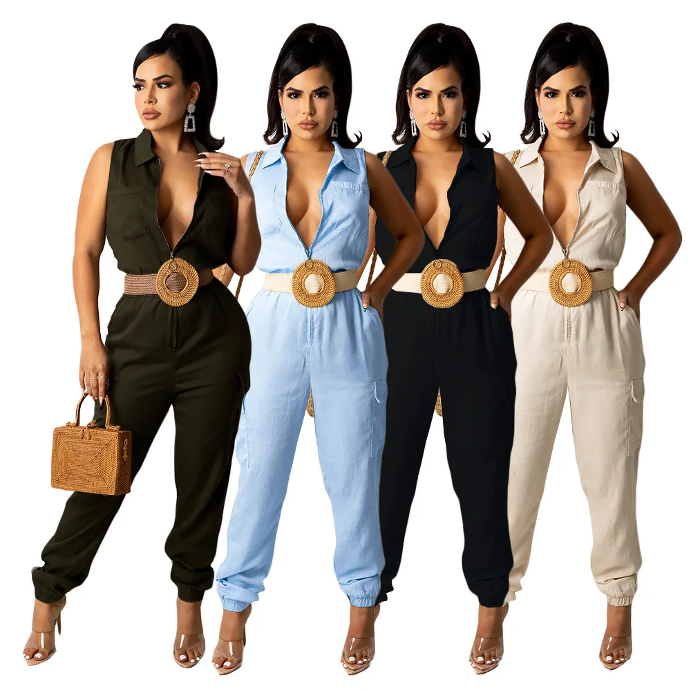 

DY6951, оптовая продажа, женский комбинезон, повседневный однотонный комбинезон без рукавов, широкие брюки