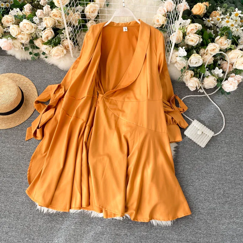 

Lady Solid Color Casual Dress Women New Fashion Autumn V-neck Loose Slimming Long Sleeve Elegant Work OL Vestidos sexy dress