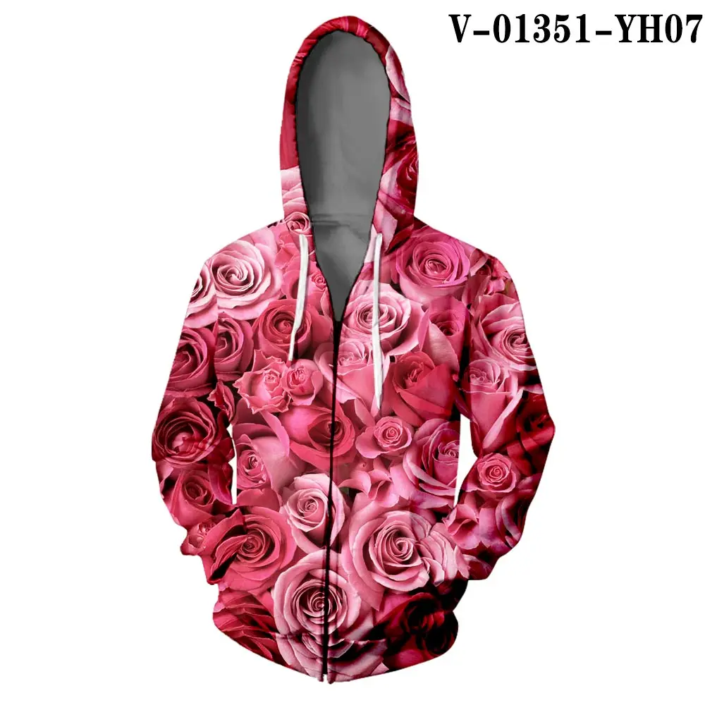 V01351 WAMNI толстовка на молнии с принтом розы 3D Harajuku уличная Толстовка Цветочная Куртка Свободная верхняя одежда толстовка с розой на молнии - Цвет: V01351