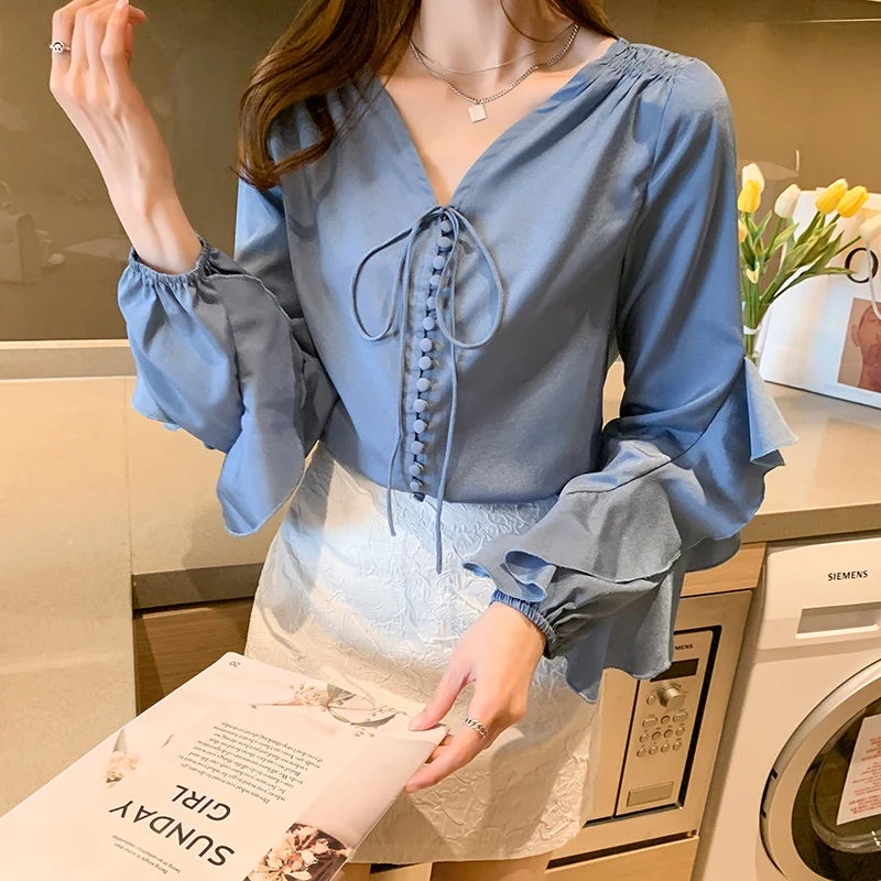 

Korean Blouse Women Silk Blouses Shirts Women Ruffles Blouse Tops Plus Size Woman Satin Shirts Woman V-Neck Ribbon Blouses Shirt