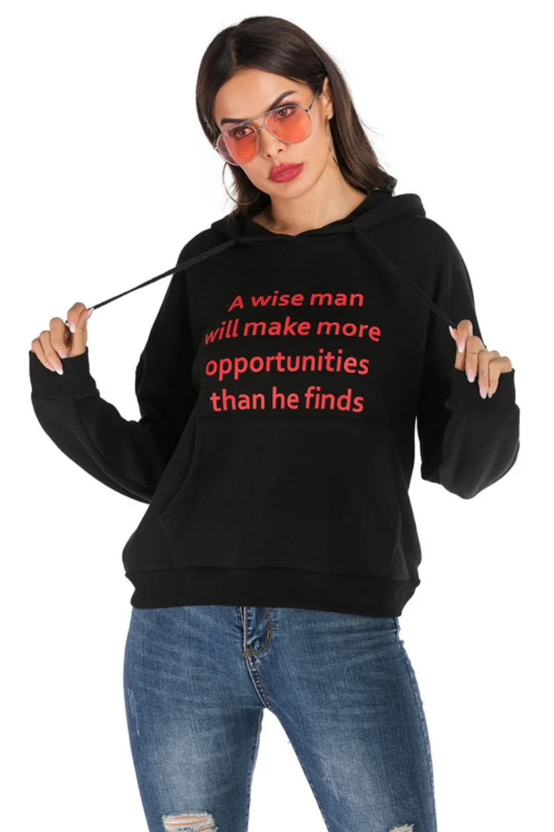 

Autumn Loose Cutton Black Sport Style Women's Hoodies Letter Print Hooded Sweatshirt with Pocket
