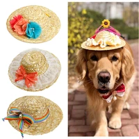 trendy pet sombrero dog cat flower straw hat puppy spring summer sunhat country style cute woven straw hats costume accessory