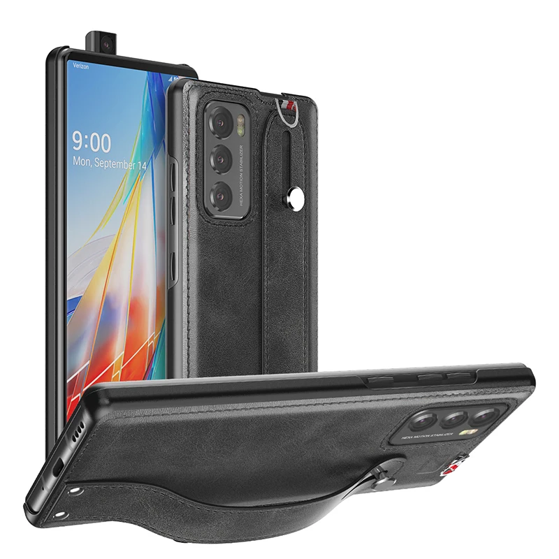 hand band case for lg wing wrist strap phone holder stand luxury coque pu leather back cover fundas for lg wing accessories free global shipping