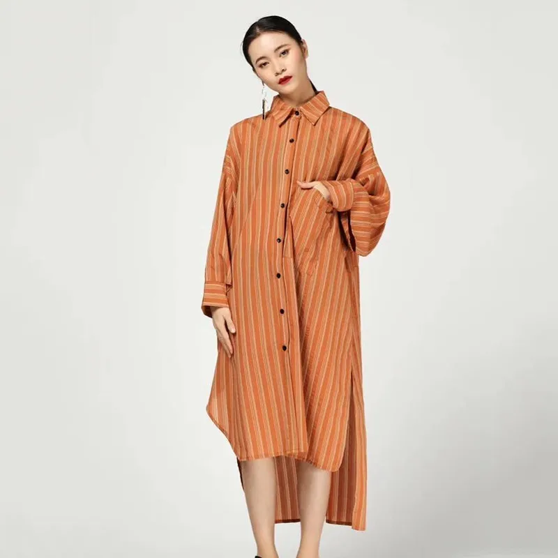 Женское платье в полоску с отложным воротником и рукавом фонариком|Женские