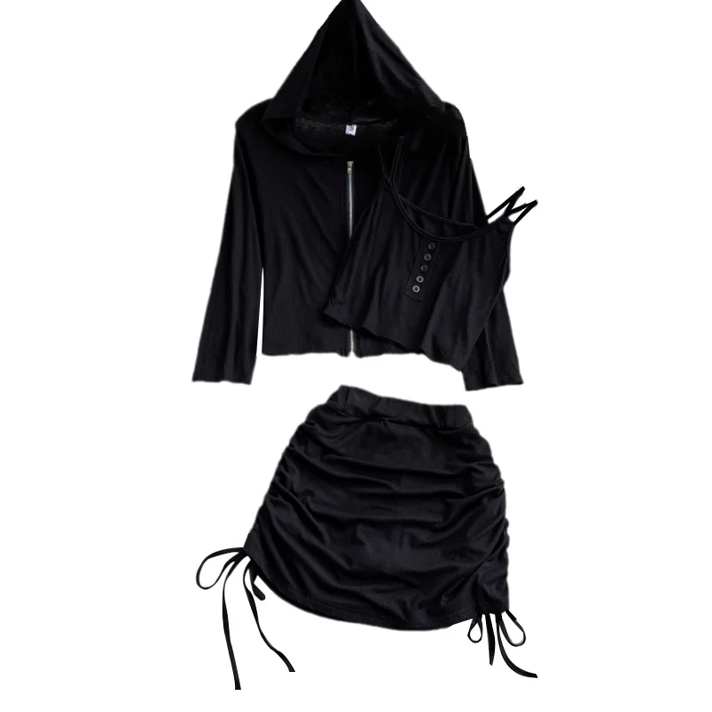 

Spaghetti Strap vest top slim fit short zipper hooded sweater coat women's three piece suit High Waist Hip Wrap Skirt