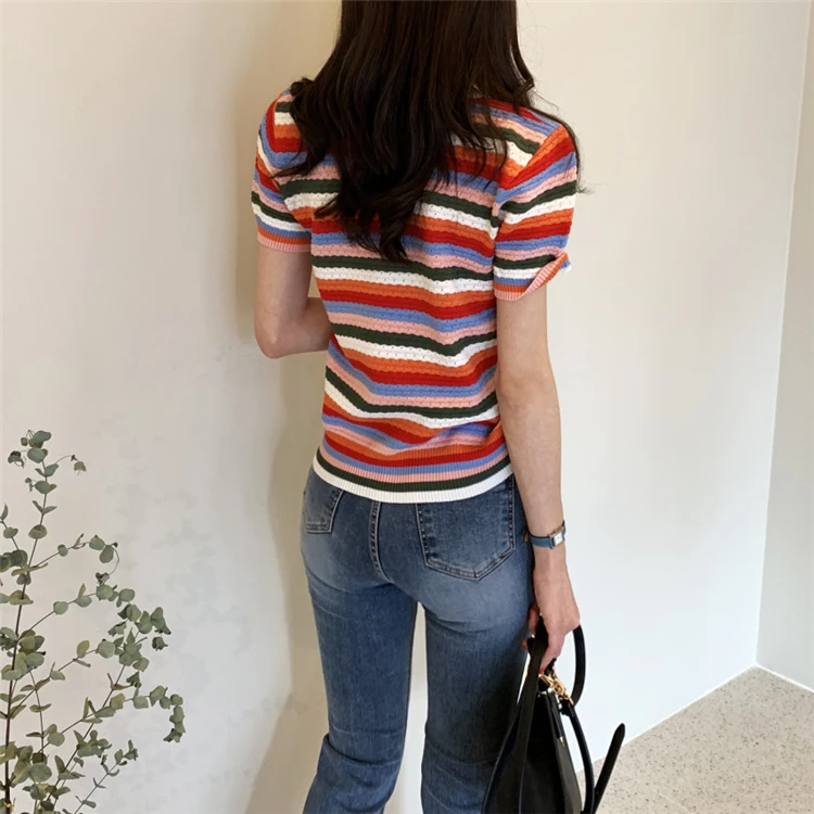 Женские летние футболки Colorfaith повседневные модные вязаные разноцветные Топы в