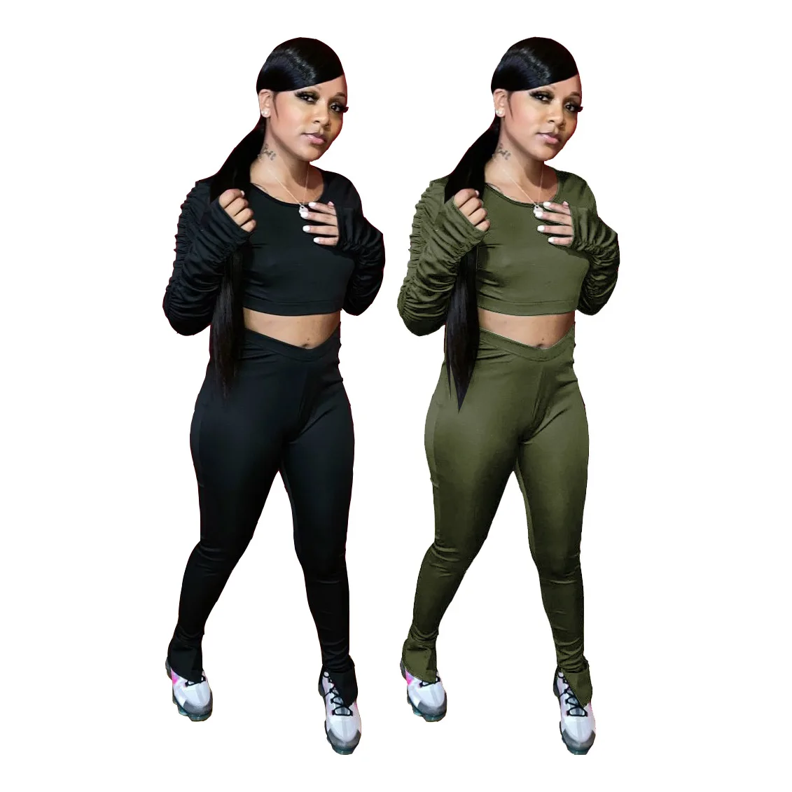 

Two Pieces Set Women Stacked Legging Set Sweatpants Women's Jogger Sports Solid Color Long Sleeve Ruched Crop Top Stacked Pants