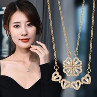 valentines day gift crystal zircon heart to heart four clover necklace women love folding collarbone chain necklaces collares