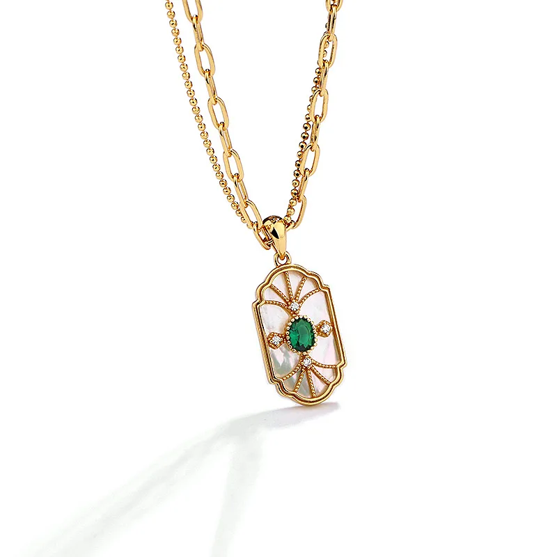 Silvology 925 Sterling Silver Emerald Pendant Necklace for Women French Palace Double Layer Chain Shell Necklace Luxury Jewelry
