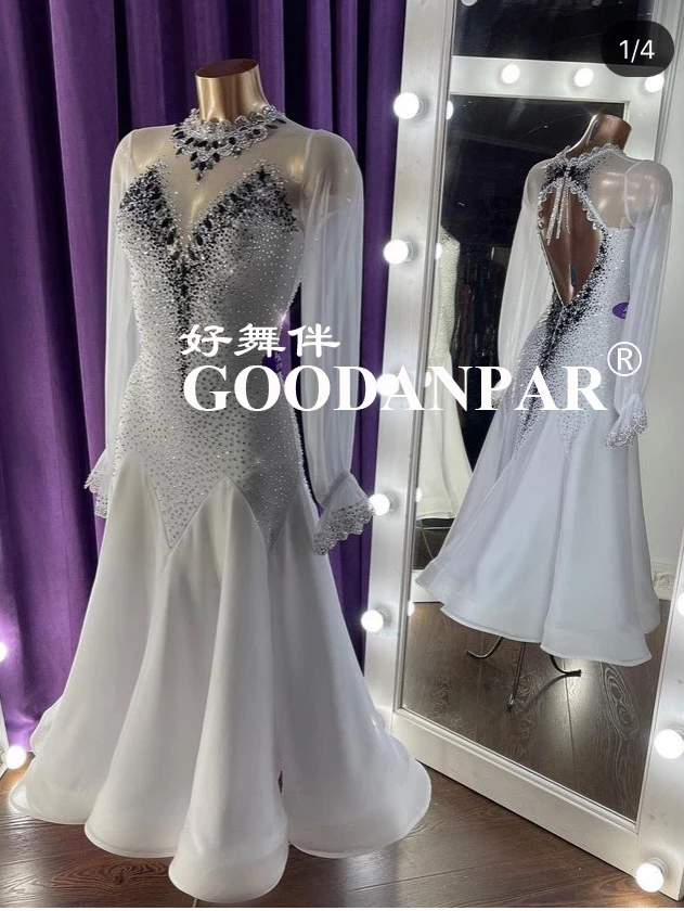

GOODANPAR, новинка, современный костюм для соревнований, вальса, танго, бальных костюмов для девочек и женщин, белое танцевальное платье с длинным рукавом