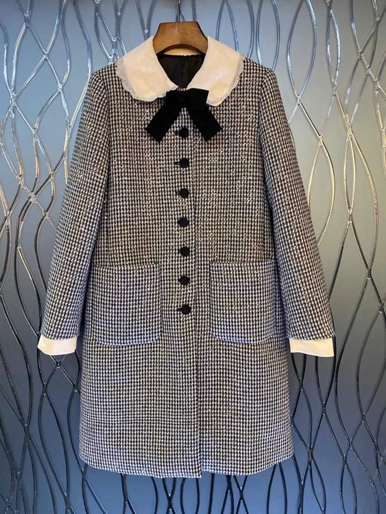 

Новинка 2021, модное женское платье с длинным рукавом и кукольным воротником из твида, тонкий галстук-бабочка, женское платье 1110