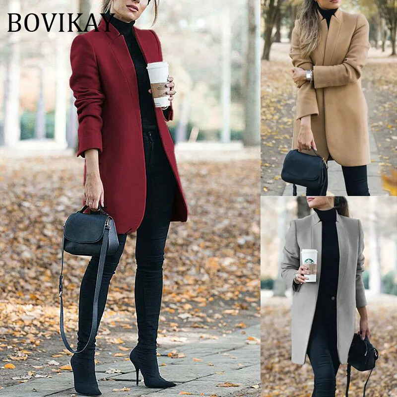 

2021 Winter Solid Color Womens Fashion Long Coat Female Thick Wool Blends Coat Vintage Stand Collar Outerwear Ladies Jackets