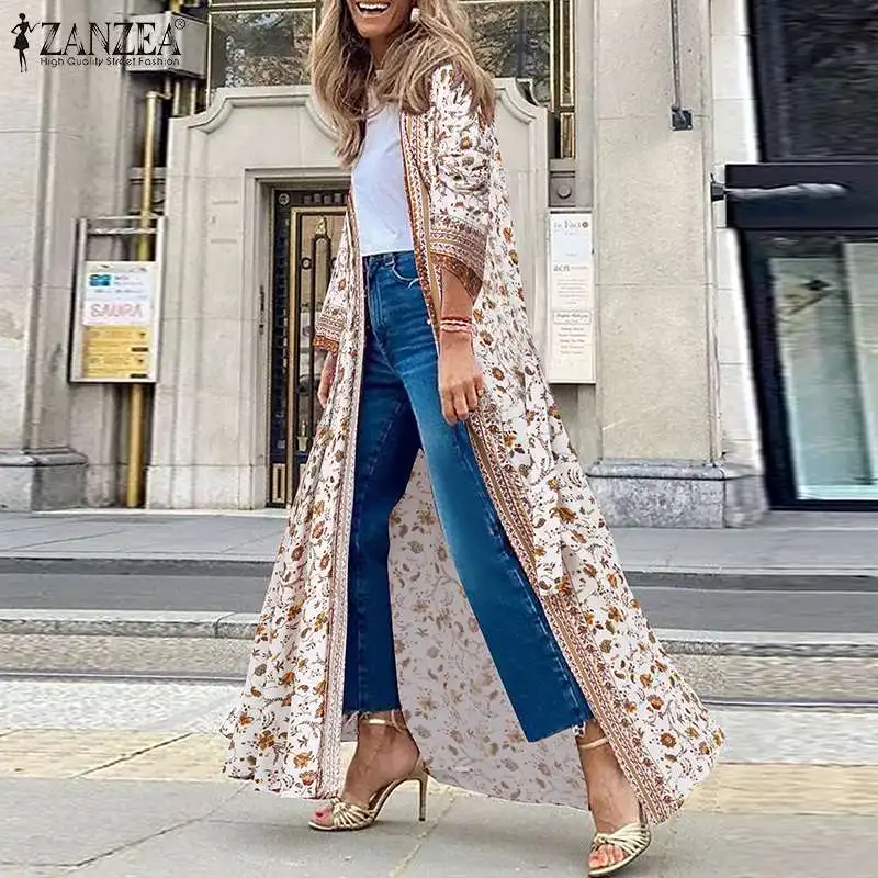 

Женский пляжный кардиган ZANZEA, богемная накидка-кимоно с длинным рукавом, свободная Длинная блузка с цветочным принтом спереди, на лето