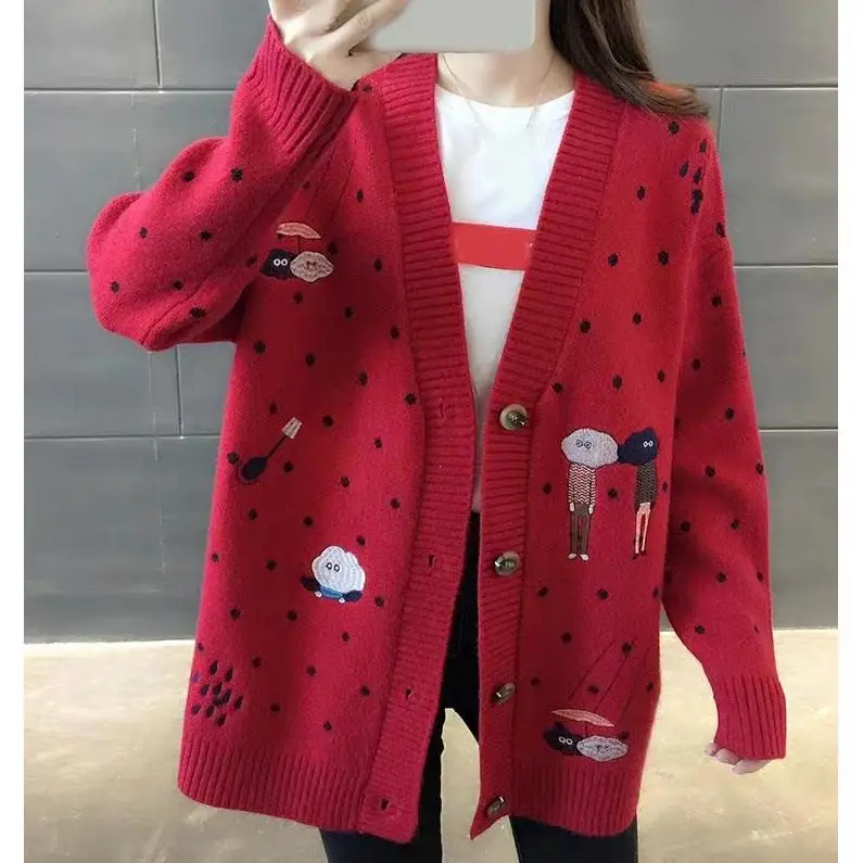 2019 Autumn Winter Women Cardigans Sweater Cartoon Embroidery Single Breasted Knit |