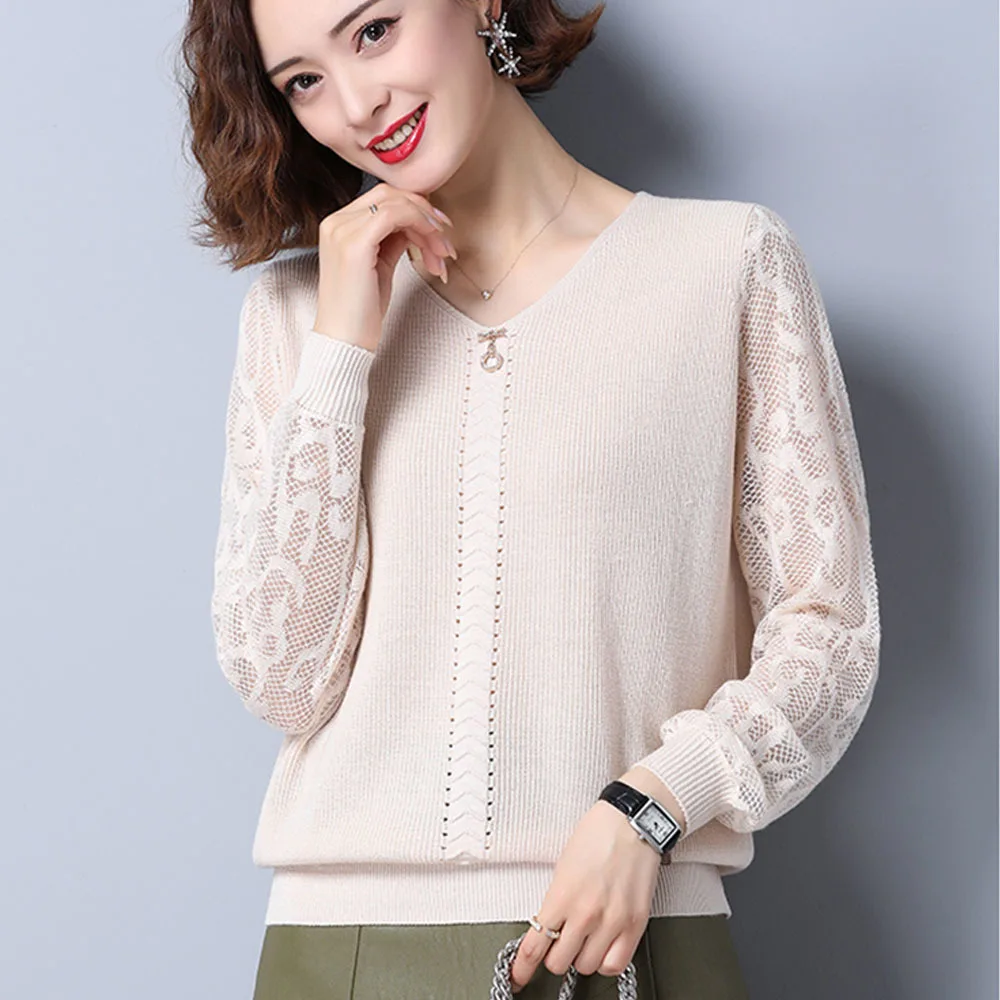 

Новинка весна-осень женский модный свитер с длинными рукавами Повседневные пуловеры с кружевом с вышивкой свитер женская трикотажная одеж...