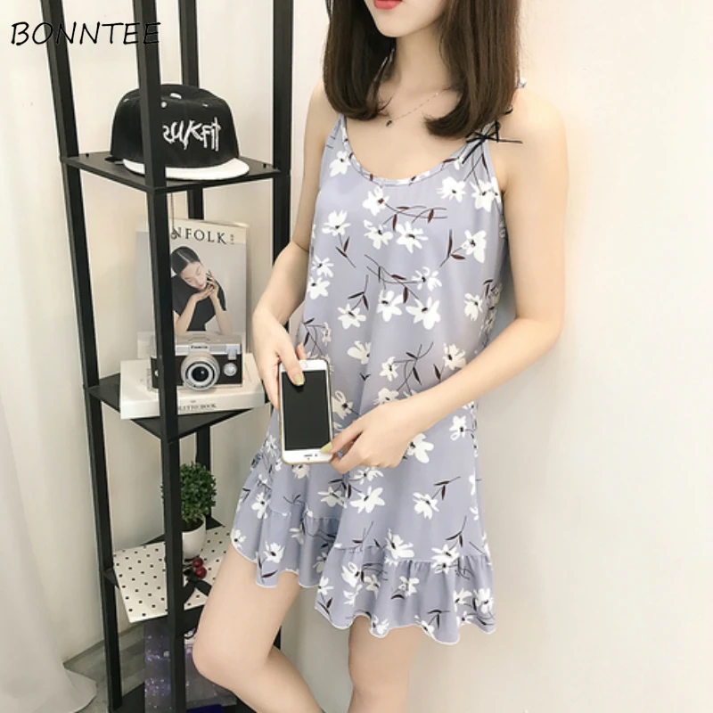 

Nightgowns Female Spaghetti Strap Lounge Printed Sweet Mini Nightdress Womens Sleepwear Girls Sexy Breathable XXL Leisure Trendy
